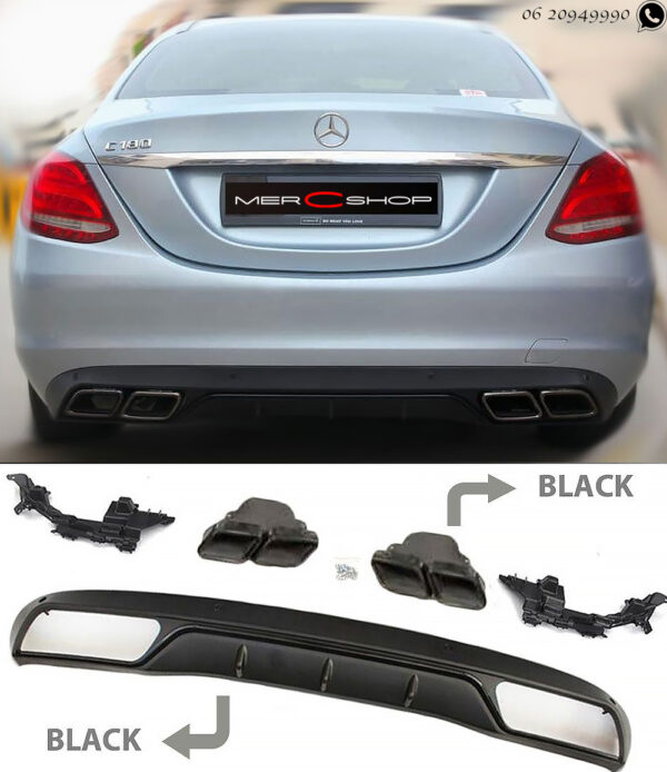 Mercedes W205 C-Klasse standaarduitrusting diffuser + uitlaatstukken (ZWART) in C63 AMG design